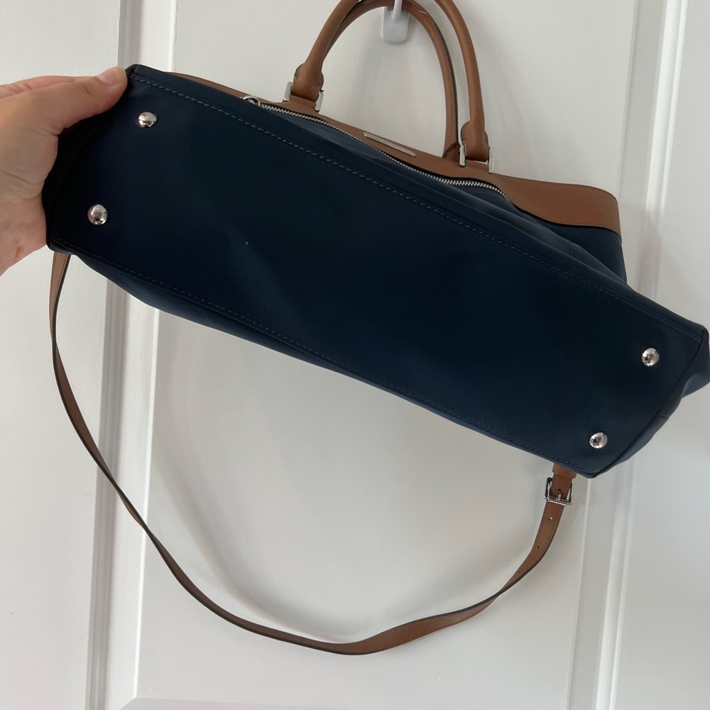Michael Kors Colgate 2-Way Navy Blue Nylon Tote Bag Leather Trim double Handle - Picture 3 of 11